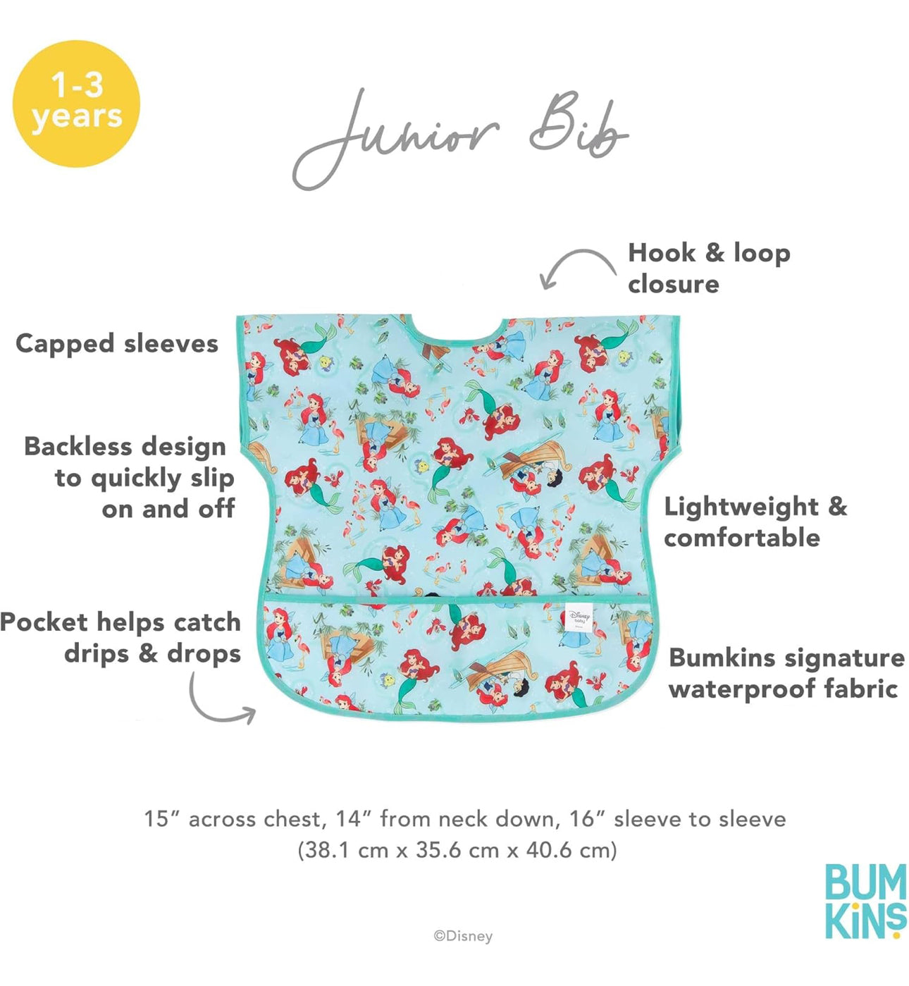 BUMKINS - Disney卡通造型超防水飯衣 (Ariel 短袖款) Junior bib