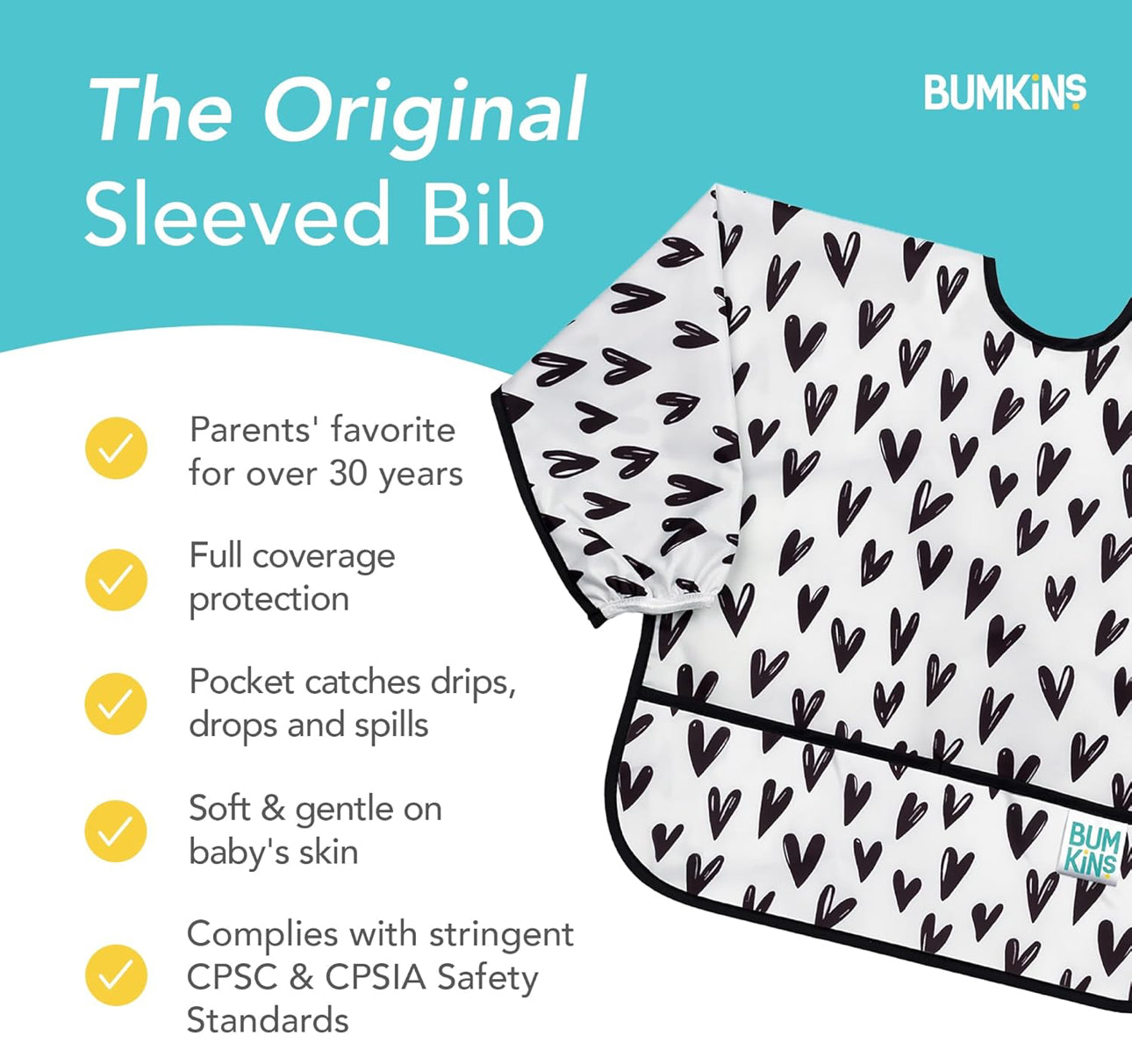 BUMKINS - 可愛超防水飯衣 (Black Heart 長袖款) Sleeved bib