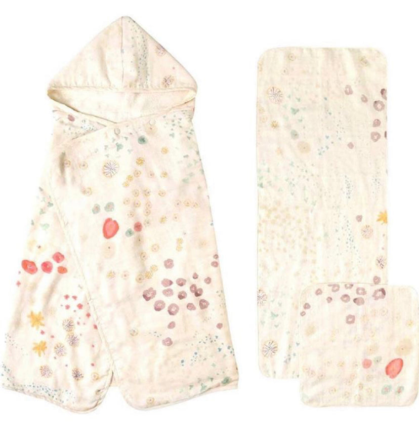 10mois - 日本製二重紗毛巾連帽浴巾套裝(3件套) (粉彩水玉/ My Flower 款)